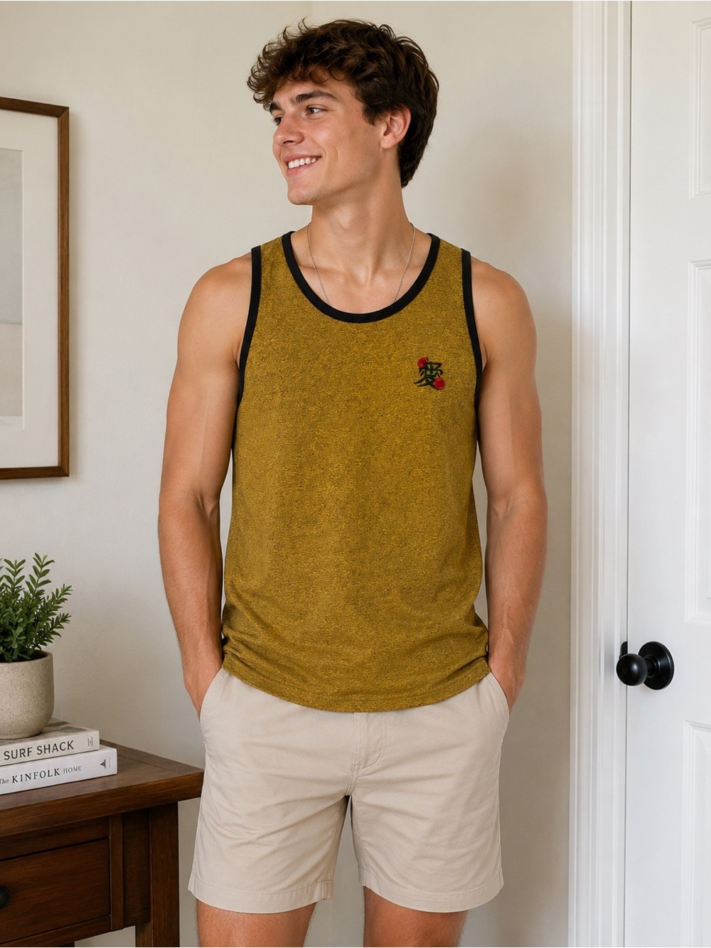 Source Unknown Mustard Tank Top with Black Trim and Small Red Embroidery